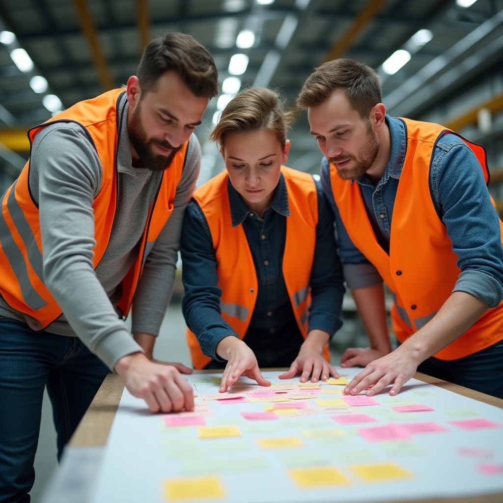 Facilitator guiding two production employees through a hands-on lean exercise on the factory floor